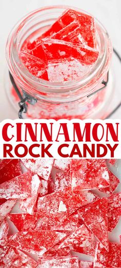 a glass jar filled with red rock candy and the words cinnamon rock candy on it