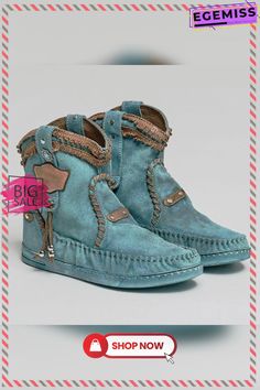 Bohemian Style Casual Blue Boots Casual Blue Slip-on Boots, Blue Western Boots For Summer, Bohemian Moto Boots With Round Toe For Fall, Bohemian Fall Boots With Flat Heel, Bohemian Moto Boots With Round Toe, Bohemian Closed Toe Boots For Spring, Bohemian Boots With Flat Heel For Festival, Casual Blue Flat Heel Boots, Blue Bohemian Festival Boots