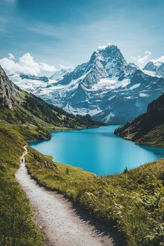 a blue lake surrounded by mountains in the middle of a grassy area with a dirt path leading to it