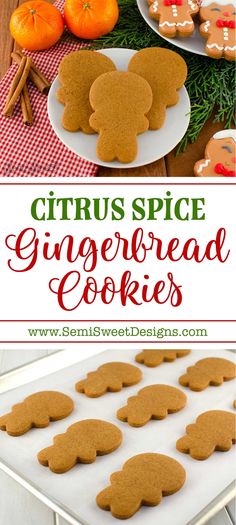 gingerbread cookies with oranges and cinnamon in the background, on a white plate