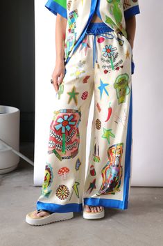 Alémais Roller Pant in Multi Silk Wide Leg Printed Bottoms, Printed Silk Wide Leg Bottoms, Silk Wide Leg Summer Trousers, Silk Printed Straight Pants, White Silk Pants For Summer, Chic Silk Printed Bottoms, Summer Silk Printed Bottoms, Summer Silk Wide Leg Pants For Loungewear, Chic Silk Printed Pants