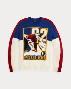 Polo Ralph Lauren Polo Ski Wool-Blend Sweater About: This chunky-knit sweater features a bold graphic that nods to Ralph Lauren’s ski-inspired collections of the early ’90s. Details Regular Fit: wider at the chest while still maintaining a modern silhouette. Size medium has a 26.75" body length (front and back), a 17.5" shoulder, a 43" chest, and a 33.5" sleeve length. Sleeve length changes 0.5" between sizes. Crewneck. Long sleeves with rib-knit cuffs. "Polo Ski 92" and a skier intarsia-knit at the center front. Rib-knit hem. Shell: 87% wool, 11% nylon, 1% alpaca hair, 1% other fibers. Dry clean. Imported. Model is 6'1" (185 cm) and wears a size medium. Style Number: 625252 Pull Grosse Maille, American Preppy, Americana Style, Polo Ralph Lauren Sweater, Ralph Lauren Vintage, Ski Sweater, Ralph Lauren Sweater, Vintage Polo, Chunky Knits Sweater