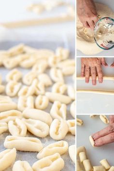 the process of making homemade dough is shown in four different pictures, including hands and fingers