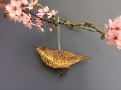 a small bird hanging from a branch with pink flowers on it's back end