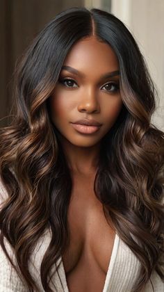 Trendy Deep Plum Waves 🌌 Dark Hairstyles Long, Black Hair Balayage Black Women, Brown Highlights On Black Hair Dark Skin, Brown Skin Tone Hair Color Ideas, Fall Highlights For Black Hair, Monochromatic Hair, Fall Hair Colors Dark Skin, Color Hair Dark Skin Women, Chocolate Brown Sew In Weave