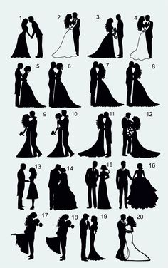 the silhouettes of people in wedding dresses and grooms, each with their own name