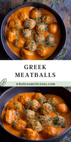 two bowls filled with meatballs covered in tomato sauce and garnished with fresh herbs