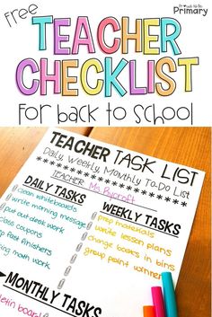 a teacher checklist for back to school on a table with crayons and markers