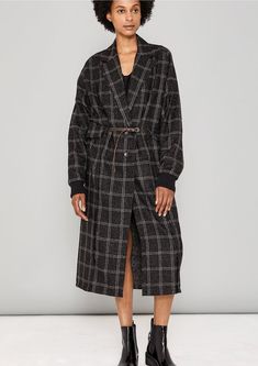 Berenik LONG TWEED COAT - BLACK/WHITE Long Tweed Coat, Black Tape, Tweed Coat, Black Coat, Long Coat, Extra Long, Oversized Fits, Leather Belt, One Size Fits All