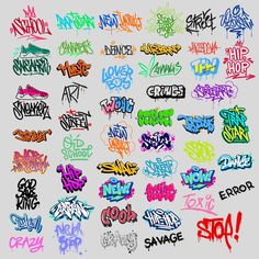 various graffiti font and colors on a white background