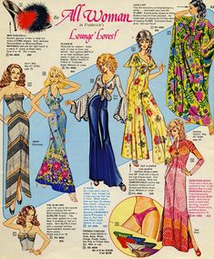 an advertisement for women's clothing from the 1950's, featuring long dresses