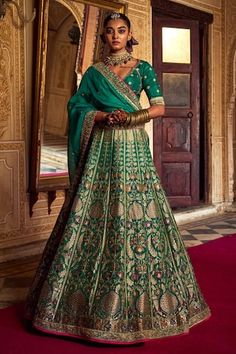 Green attached can-can banarsi lehenga featuring banarasi work all over. Paired with a dori and aari embroidered padded blouse and an embroidered hem dupatta. - Aza Fashions Silk Lehenga, Bridal Gown, Lehenga Choli, Lehenga, Silk, Fabric, Color