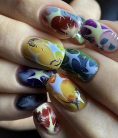 Nail Art Themes, Simple Hippie Nails, Stained Glass Window Nails, Weird Nails Design, Botanical Nail Art, Funky Nail Ideas, Eclectic Nails, Mlp Nails, Weird Nails