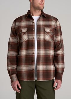 Our plaid shirt for tall men is sure to hold up during all of your adventures while also keeping you toasty. Doing Chores, Brown Flannel, Cozy Sleepwear, Beige Plaid, Tall Men, Plaid Shirt Men, Brown And Beige, Sports Blazer, Women Essentials