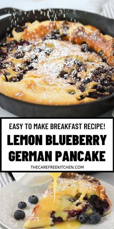 lemon blueberry german pancake with powdered sugar on top and the recipe below