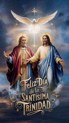 two men standing next to each other with the words feliz dia de la santa stigma