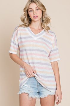 Pastel Striped V-Neck Top - Joy & Country White Relaxed Fit V-neck Top, Summer V-neck Knit Top For Day Out, Summer Cotton T-shirt With V-neck, Summer Cotton V-neck T-shirt, Relaxed Fit V-neck Summer Top, Casual White V-neck Short Sleeve Top, Casual White Relaxed Fit V-neck Top, Multicolor Relaxed Fit V-neck Top, Relaxed Fit Multicolor V-neck Top