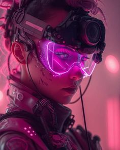 a woman with neon glasses and headphones on