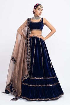 Tiered Lehenga, Blouse Yoke, Lehenga Dupatta, Blue Lehenga, Wedding Lehenga