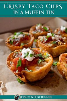 the cover of crispy taco cups in a muffin tin is shown on a piece of parchment paper