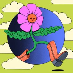 a drawing of a pink flower on top of a blue and green globe with clouds