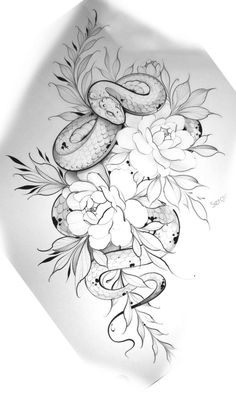 a drawing of a snake and flowers on paper