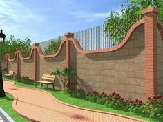 an artist's rendering of a brick fence and benches