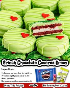 an advertisement for some kind of cake that is green and has red hearts on it