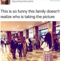 a woman standing in front of a group of people at an airport with text that reads, this is so funny this family doesn't