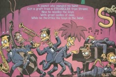 an image of cartoon characters playing instruments and singing in front of a piano with words written on it