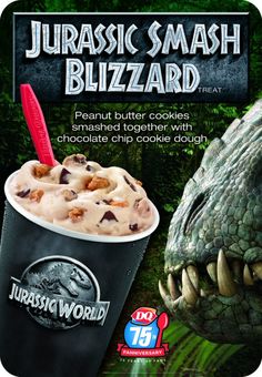 an advertisement for a frozen drink with ice cream and chocolate chip cookies in front of a dinosaur