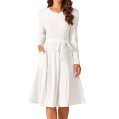 Seta T women's puff long sleeve crewneck knee length tie waist casual dress with pockets. Fashion style includes puff long sleeve, round neck, high waist, knee length, two pockets, and belted elegant dress. This dress will flatter any body shape, making it a timeless addition to any wardrobe. Suit for various occasions such as important events, parties, weddings, birthdays, cocktails, shopping, dating, weekend gatherings, beach outings, holidays, or any casual or special occasions. The chic and Linen Slip Dress, Long Sundress, Sundress Summer, Pockets Fashion, T Dress, Puff Long Sleeves, Ballet Dress, Denim Shirt Dress, Smock Dress