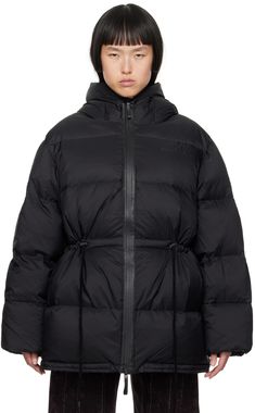 Down-filled quilted lightweight nylon ripstop jacket. · Hood at funnel neck · Two-way zip closure · Logo printed at chest · Bungee-style drawstring at waist and hem · Seam pockets · Welt pocket at interior · Full nylon satin lining Supplier color: Black Fill: 90% duck down, 10% duck feather. Acne Studios Puffer Jacket, Acne Studio Leather Jacket, Acne Studios Velocite Jacket, Entire Studios Puffer, Acne Studios Denim Jacket, Black Down, Classy Casual, Classy Casual Outfits, Ski Jacket