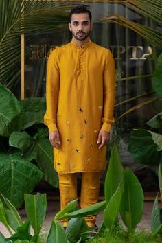 Shop for Runit Gupta Yellow Chanderi Silk Acrylic Work Kurta Set for Men Online at Aza Fashions Unstitched Gold Embroidered Chanderi Kurta, Unstitched Chanderi Kurta With Gold Embroidery, Bandhgala With Gold Embroidery Straight Kurta For Festivals, Bandhgala With Gold Embroidery For Festivals, Festive Gold Chanderi Bandhgala, Chanderi Salwar Kameez With Gold Embroidery, Ceremonial Raw Silk Kurta With Gold Embroidery, Gold Embroidered Chanderi Sherwani, Unstitched Gold Embroidered Kurta For Festivals