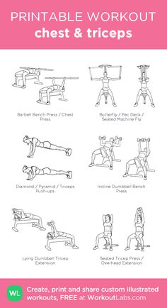 the printable workout guide for chest and triceps is shown in this image