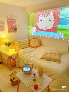 a child's bedroom decorated in pastel colors with lights on the headboard