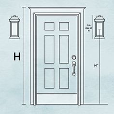 a drawing of a front door with the letter h on it and two lights above