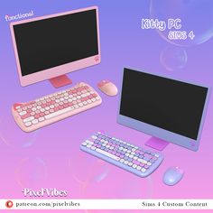 two computer monitors, keyboard and mouse on a purple background with bubble bubbles around them