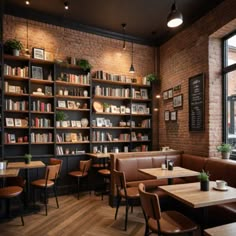 the interior of a restaurant with tables, chairs and bookshelves full of books