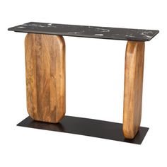 a black marble and wood console table