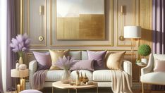 a living room filled with lots of furniture next to a wall covered in purple and gold