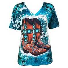 Womens Turquoise Cowboy Boots Sublimated Western Short Sleeve T Shirt Nwt Details Embrace A Blend Of Modern Flair And Western Heritage With This Western Graphic Tee, Showcasing A Unique Turquoise Splatter Paint Look And Cowgirl Boots Design. V Neckline Short Sleeves All Over Graphic Print Sizes Small To Xxl Available Nwt Western, Cowboy, Cowgirl, Coastal Cowgirl, Rodeo, Rancher, Barrel Racer, Horse, Line Dance, Farm, Cowboycore, Riding, Country Music, Country Casual Printed Turquoise Tops, Casual Turquoise Printed Top, Turquoise Cowboy Boots, Cowgirl Coastal, Boots Design, Music Country, Cowgirl Rodeo, Grey Trench Coat, Barrel Racer