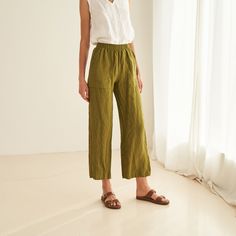 "Our HARLOW pants are definitely cool but with a feminine feel. FEATURES: * elastic waistline * handy side pockets * the inseam is 73 cm / 28.7\" (size S) * 100 % natural, certified linen fabric * dyed and washed in small batches * natural cotton yarns * handmade at a small studio in Europe COLORS: Dyed and washed in small batches, so the color will be unique and superb quality to each piece. Please check the color options on the side menu. SIZE GUIDE / BODY MEASUREMENTS: XS Bust 28- 31\" (72- 8 Pants For Woman, Casual Linen Pants, Trousers Casual, Buy Linen, Womens Trousers, Linen Casual, Wardrobe Inspiration, Pants With Pockets, Small Studio