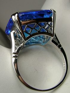 Swiss Blue Topaz Ring, Large square gem in crisscross basket-weave filigree, art deco styled ring, Art Deco Jewelry, Silver Embrace Jewelry Swiss Blue Topaz Ring, Basket Pattern, Blue Topaz Gemstone, Sterling Silver Filigree, Swiss Blue Topaz, Filigree Ring, Cz Ring, Engraved Items, Blue Topaz Ring