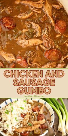 chicken and sausage gumbo in a white bowl