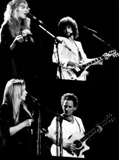 black and white photo of three people playing guitars in front of microphones on stage