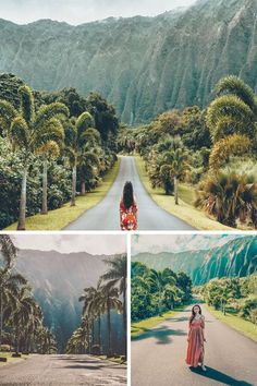 four photos with trees, mountains and a woman in a red dress walking down the road