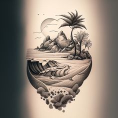 a drawing of an island with palm trees and waves