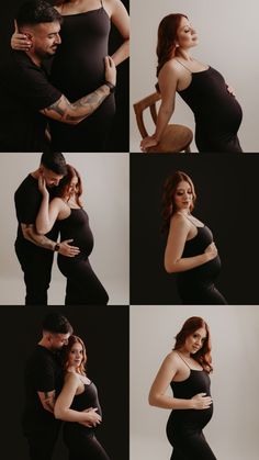 a man and woman are posing together in black outfits for their newborn photoshoots