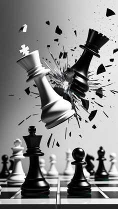 a black and white photo of a broken chess board with pieces falling off the top